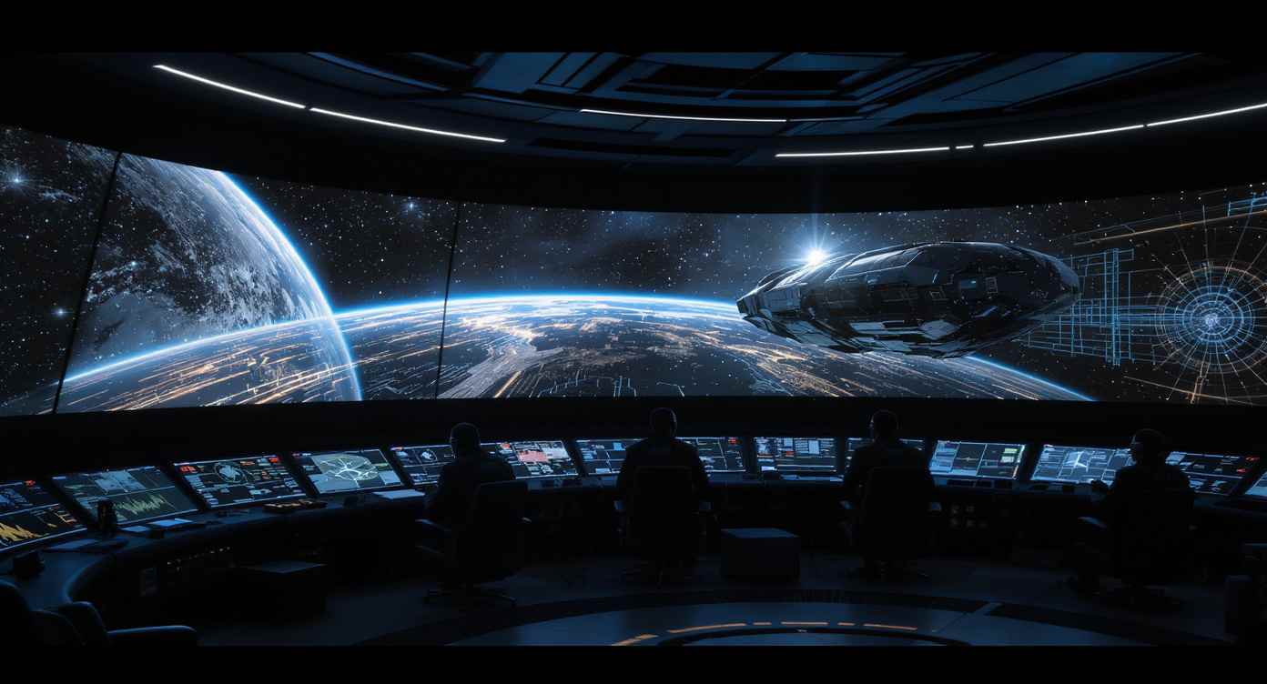 Panoramafenster Weltraum: Display statt Fenster auf der Brücke eines Raumschiffs