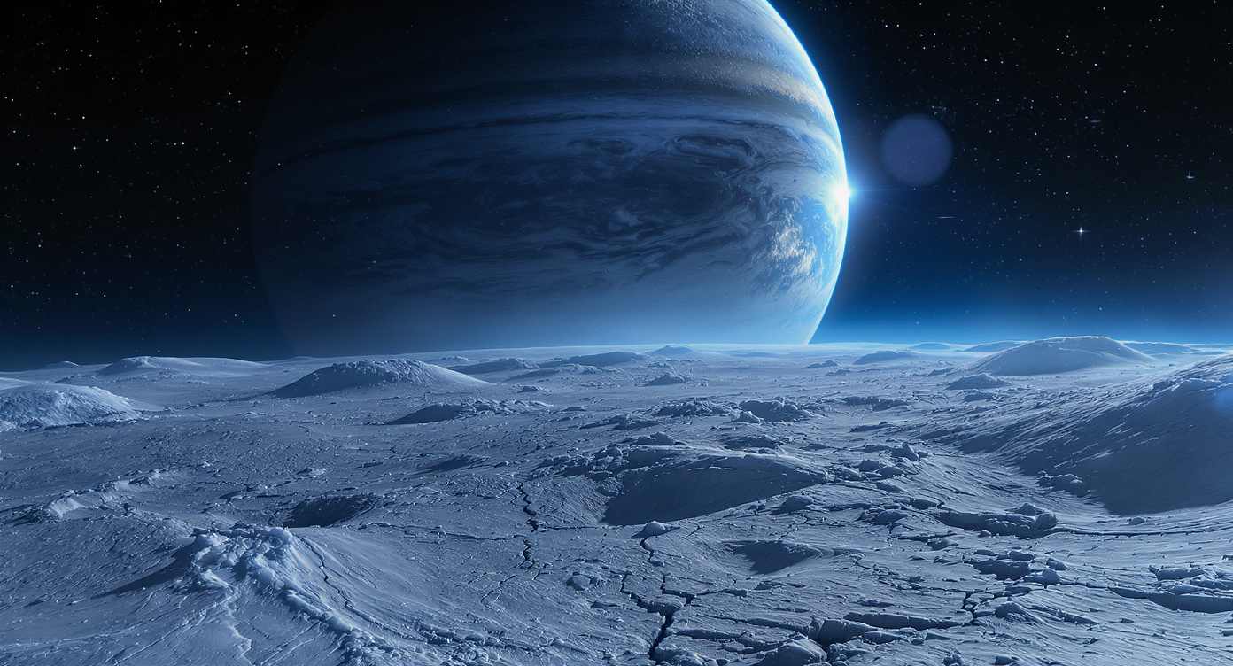 Ozeanwelten im Sonnensystem, subglazialer Ozean unter Eiskruste, KI-Darstellung