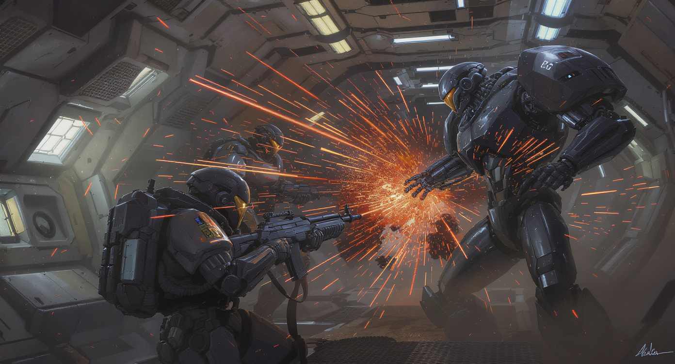 Kampfroboter gegen Marines im Raumschiff