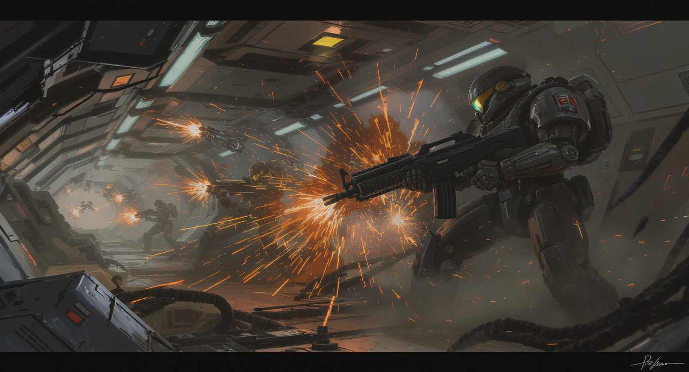 Marines in Kampfanzügen im Raumschiff