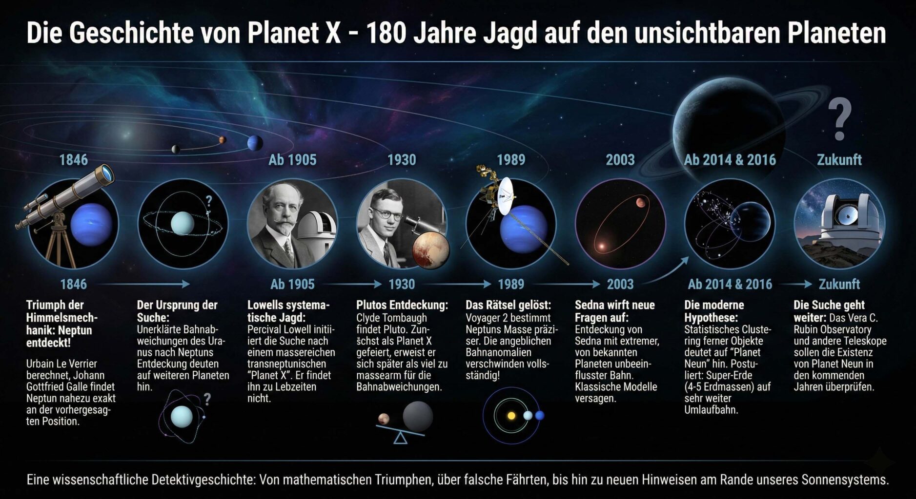 Die Geschichte von Planet X – 180 Jahre Jagd auf den unsichtbaren Planeten - Schaubild