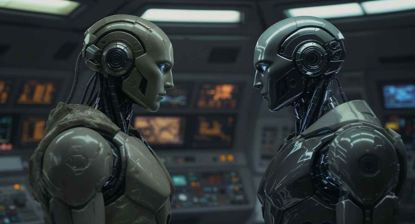 Warum sprechen KIs wie Menschen: Zwei Roboter auf der Brücke eines Raumschiffs