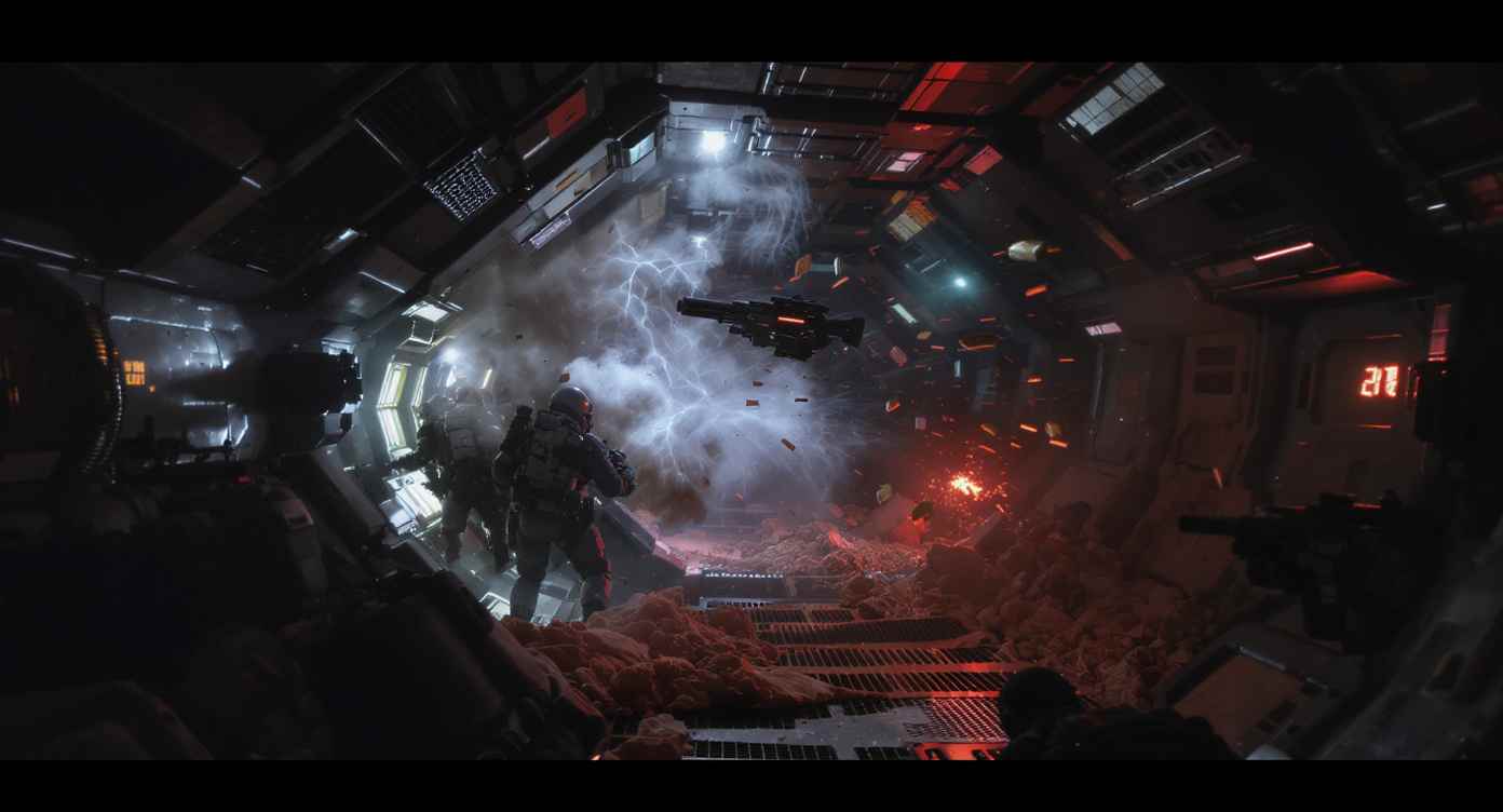 Schießerei im Raumschiff – Soldaten in engen Korridoren