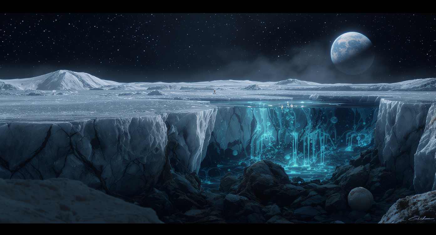 Subglazialer Ozean unter Eiskruste, KI-Darstellung